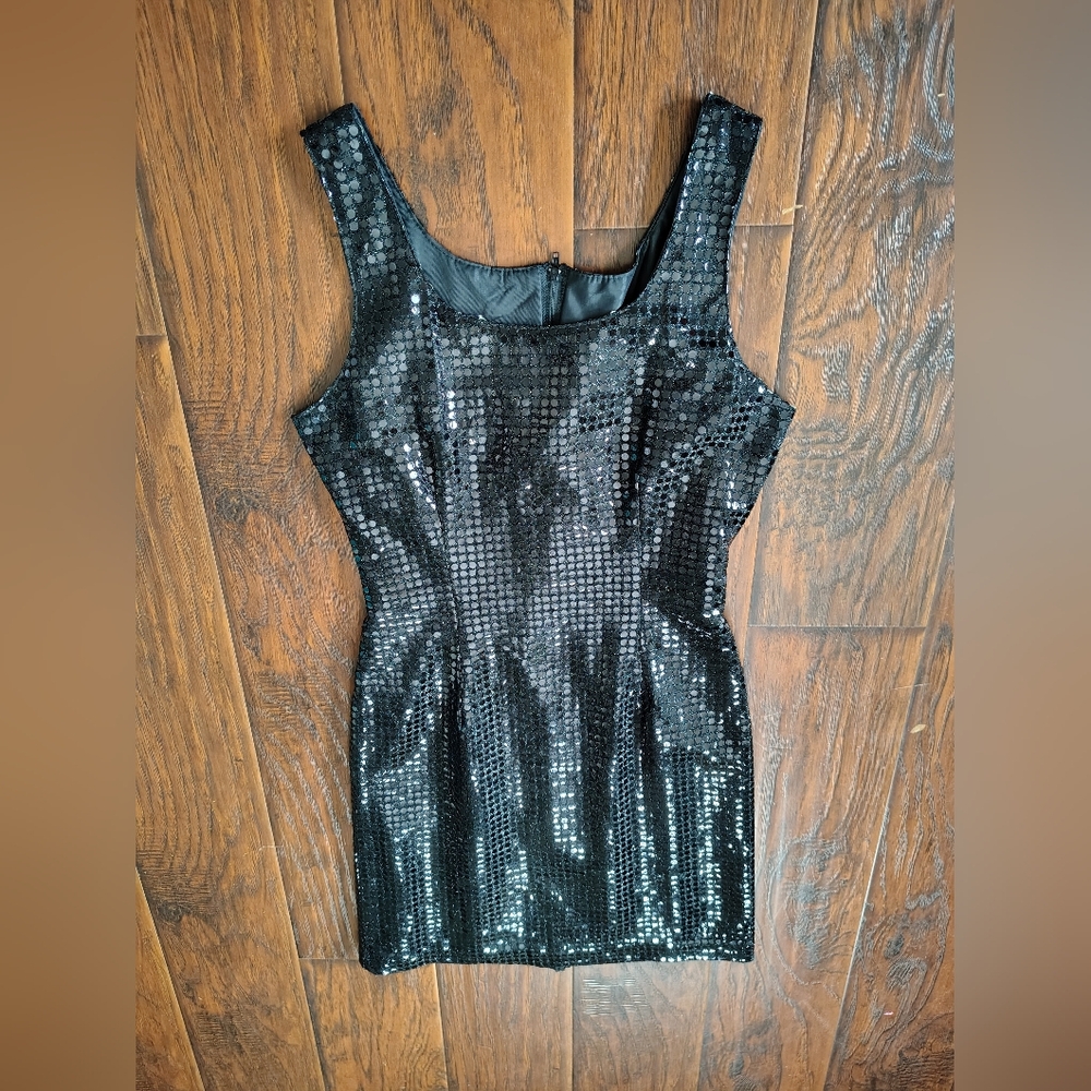 Vintage 80s Granite sleeveless black sequins mini dress size 7/8
